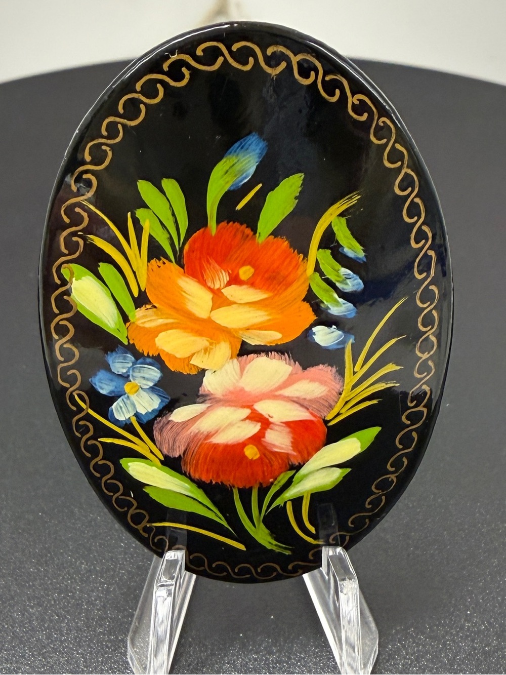 Vintage Signed Russian Lacquer Floral Brooch - Hand Painted Anisimova